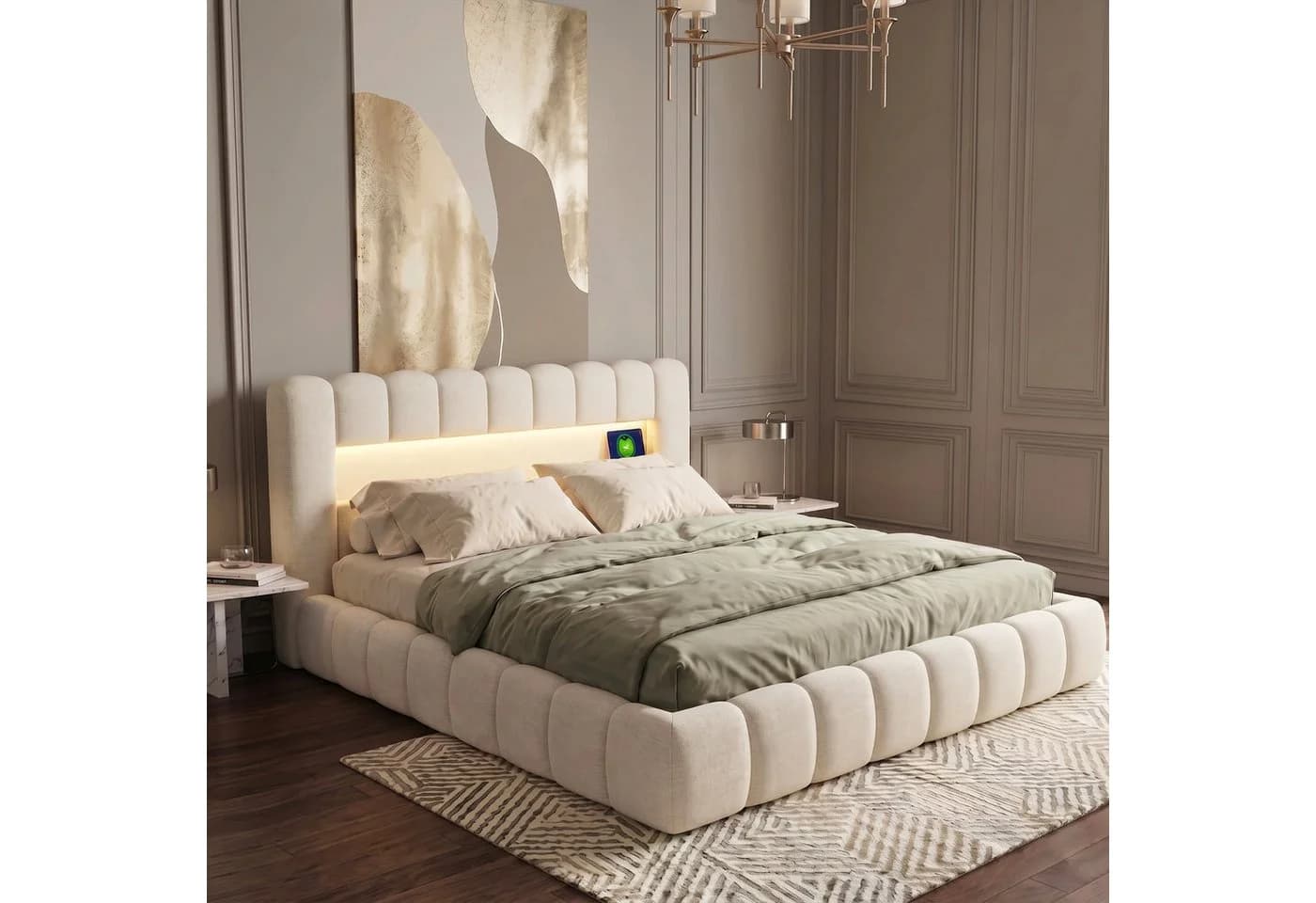 Simurq Polsterbett Doppelbett mit Bettkasten und LED Beige - Bild 2
