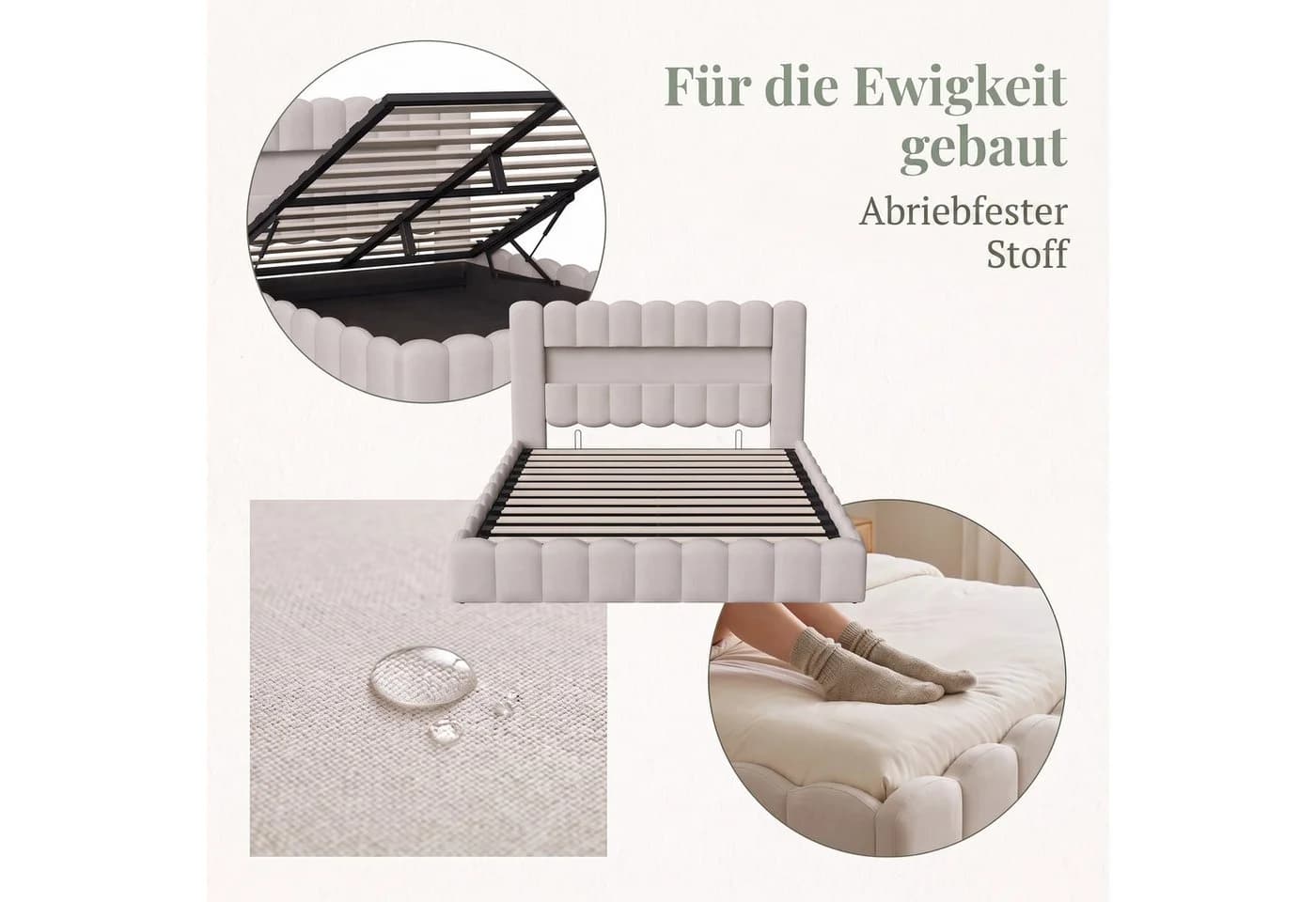Simurq Polsterbett Doppelbett mit Bettkasten und LED Beige - Bild 4