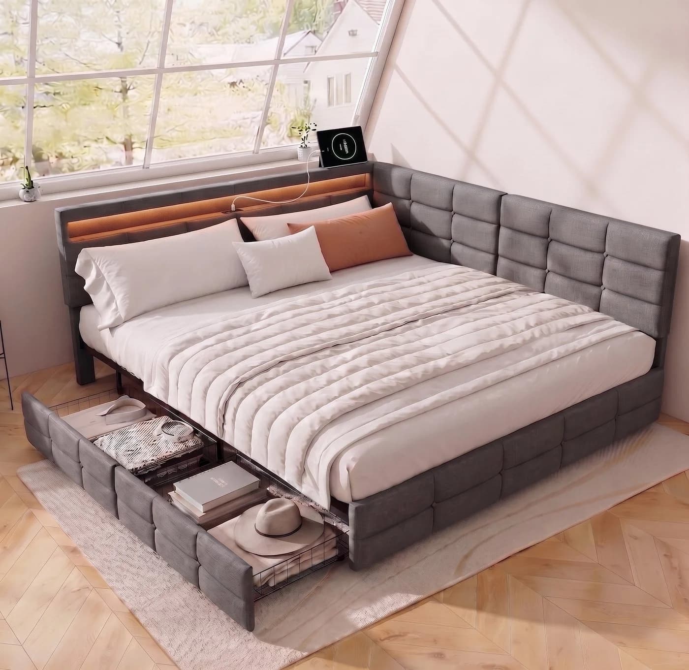 Simurq Polsterbett Schlafsofa 140x200 L-Form mit LED & USB - Bild 2