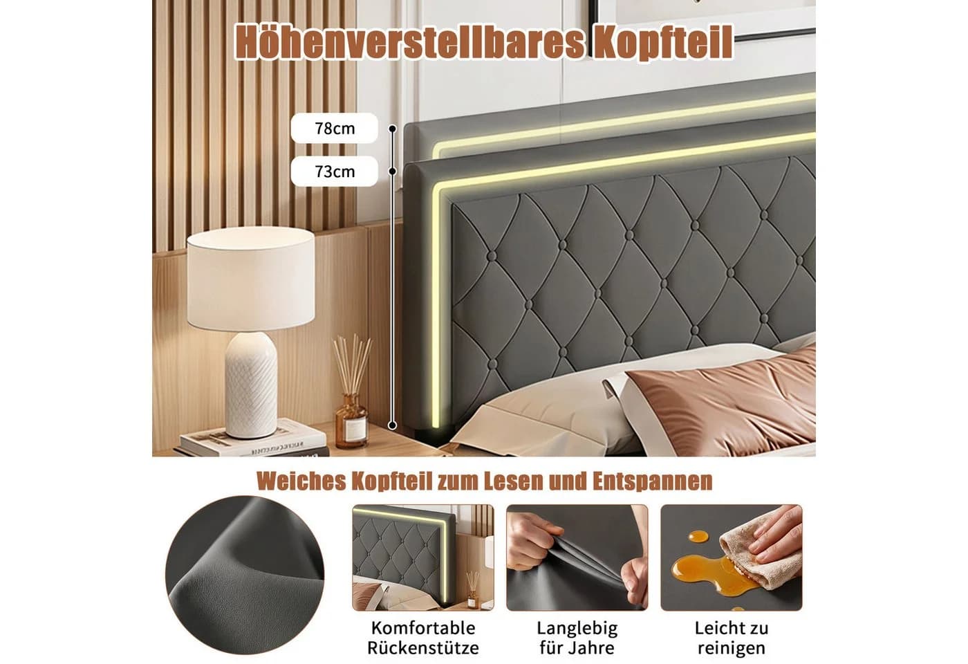 Simurq Polsterbett 140x200 mit LED, Schubladen & Stauraum Grau - Bild 5