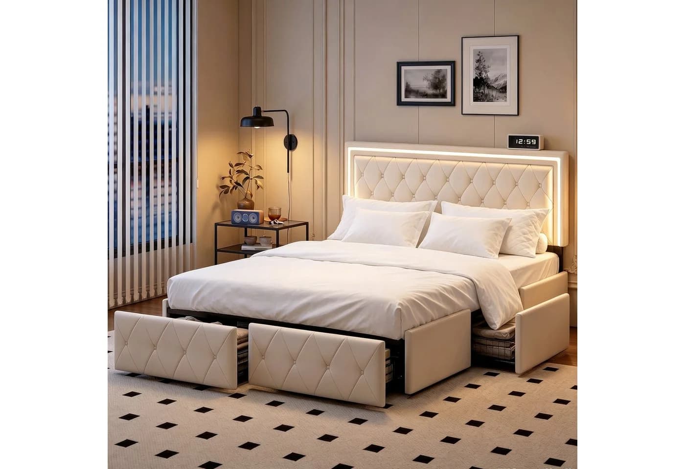 Simurq Polsterbett 140x200 mit LED, Schubladen & Lattenrost Beige