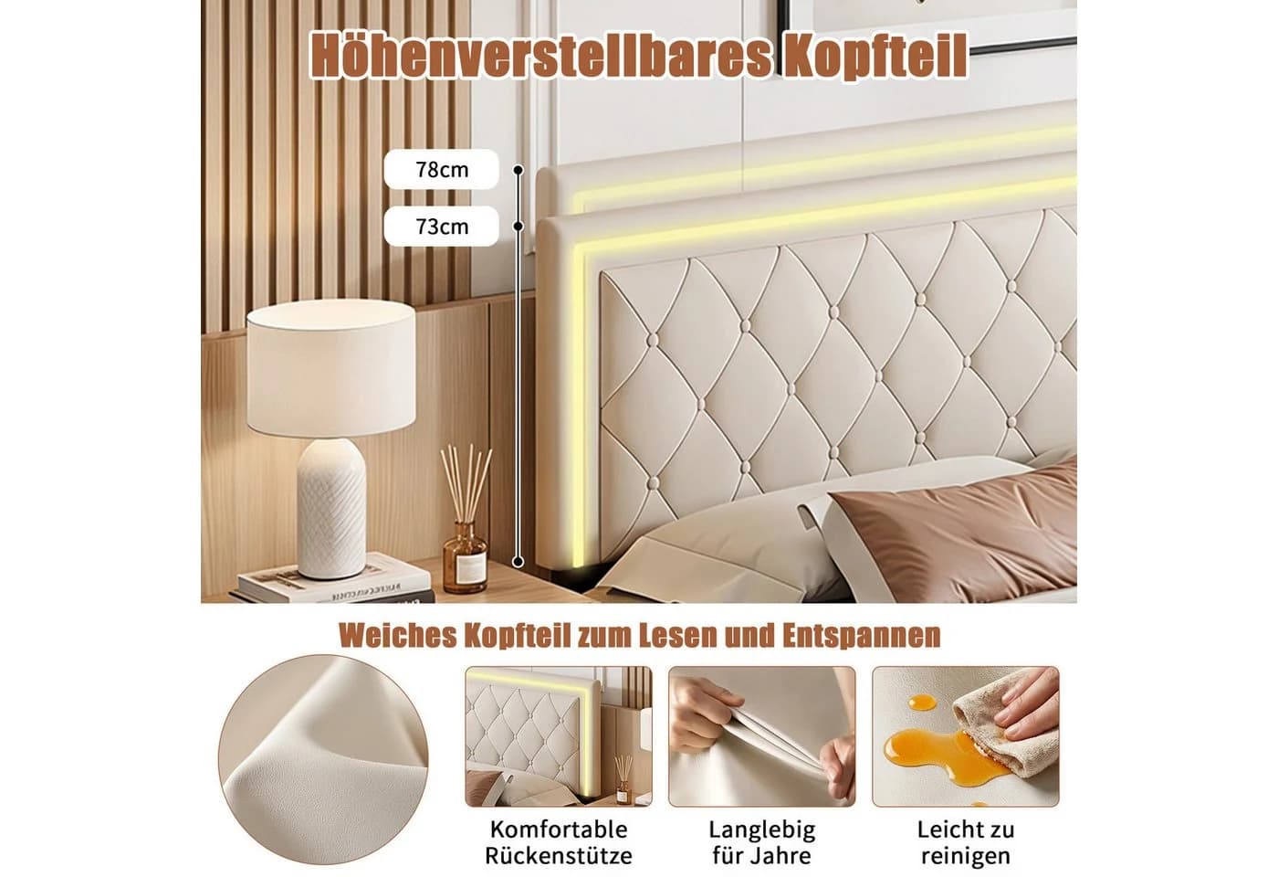 Simurq Polsterbett 140x200 mit LED, Schubladen & Lattenrost Beige - Bild 5