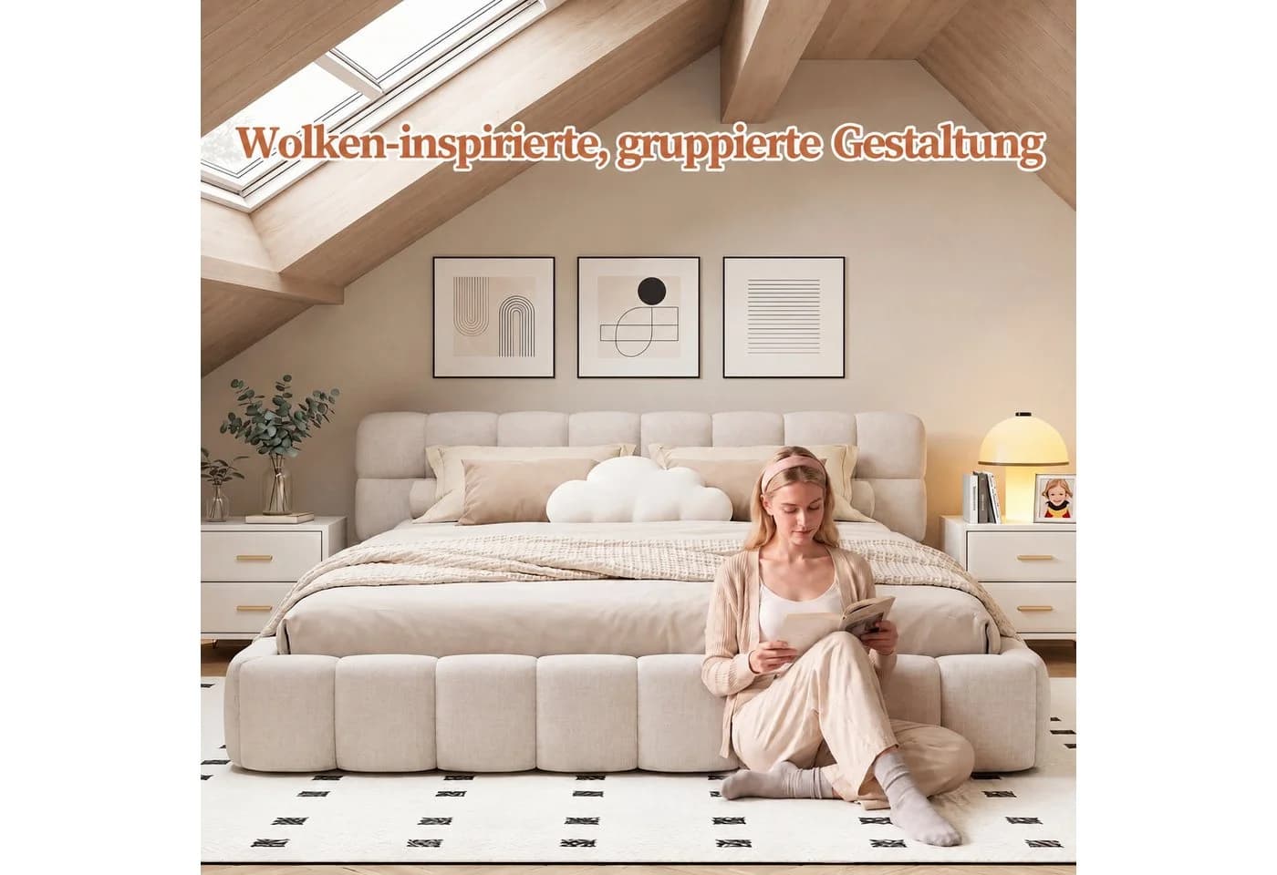 Simurq Polsterbett Bubble Design Beige Grau Leinenstoff