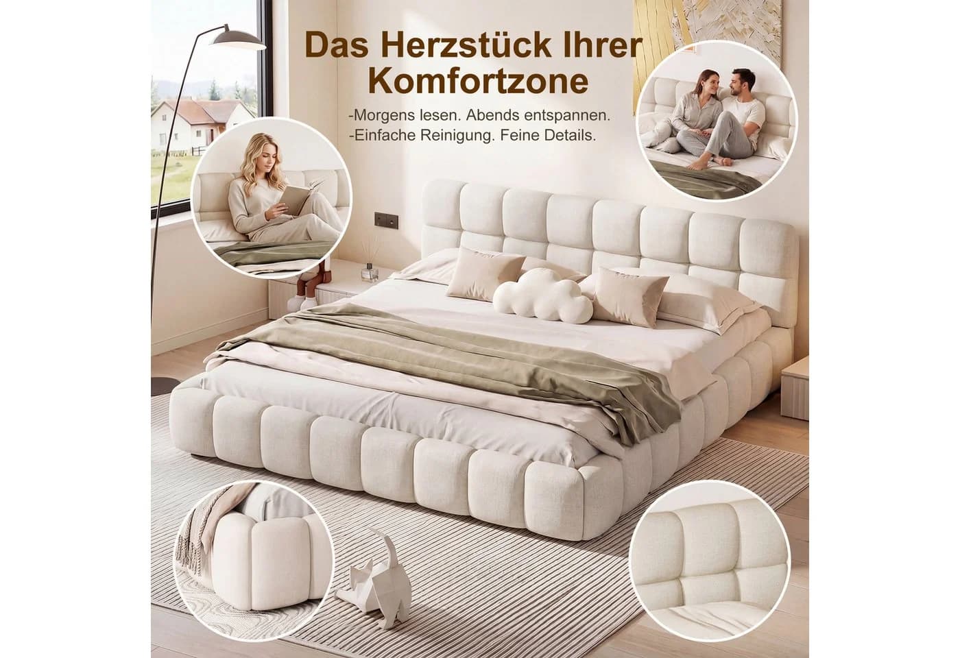 Simurq Polsterbett Bubble Design Beige Grau Leinenstoff - Bild 3
