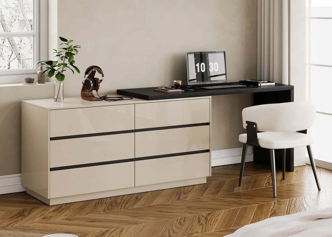 oleyluckidea L-förmiger Schreibtisch mit 6 Schubladen Beige/Schwarz - Bild 2