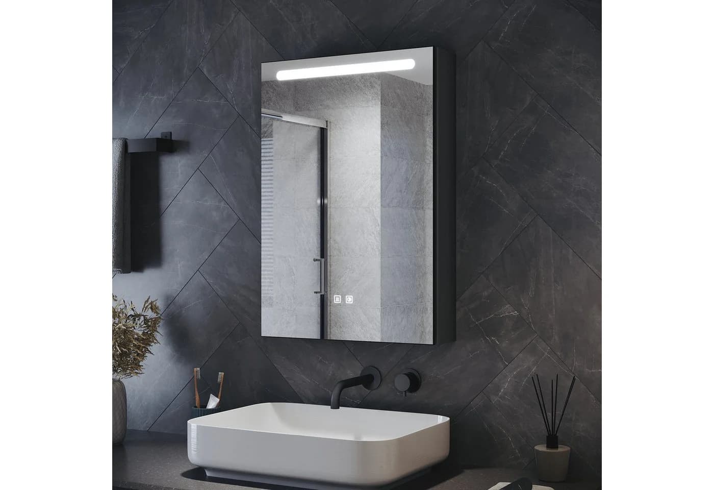 SONNI Badezimmerspiegelschrank 60x38cm mit LED-Beleuchtung & Entnebelung - Bild 2