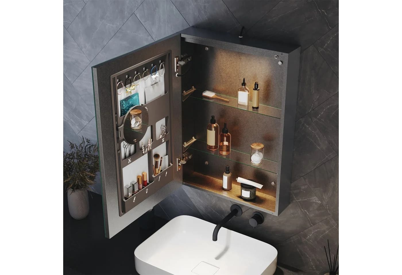 SONNI Badezimmerspiegelschrank 60x38cm mit LED-Beleuchtung & Entnebelung - Bild 3