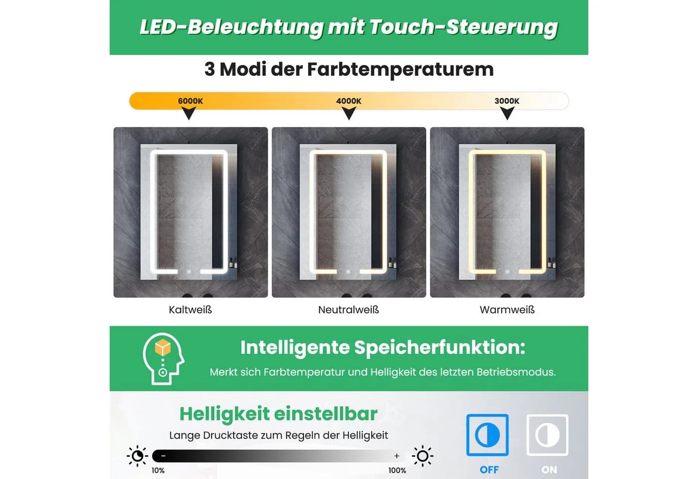 SONNI Badezimmerspiegelschrank 60x38cm mit LED-Beleuchtung & Entnebelung - Bild 4