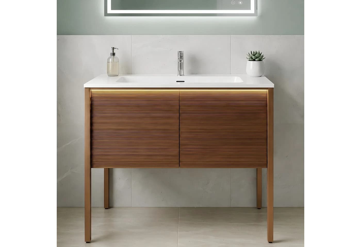 SONNI Waschbeckenschrank mit Sensorleuchte & Glasbecken, Kongo-Teak-Optik - Bild 2