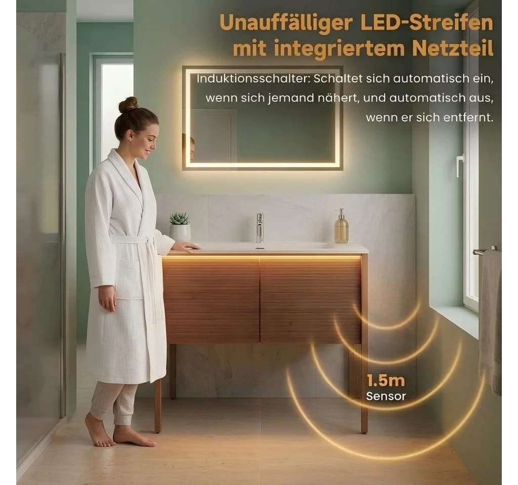 SONNI Waschbeckenschrank mit Sensorleuchte & Glasbecken, Kongo-Teak-Optik - Bild 4