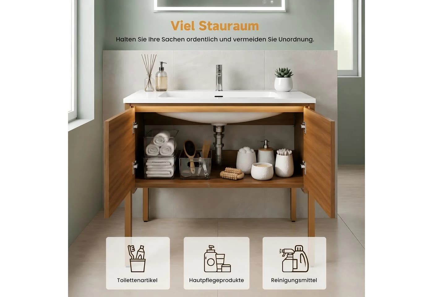 SONNI Waschbeckenschrank mit Sensorleuchte & Glasbecken, Kongo-Teak-Optik - Bild 5