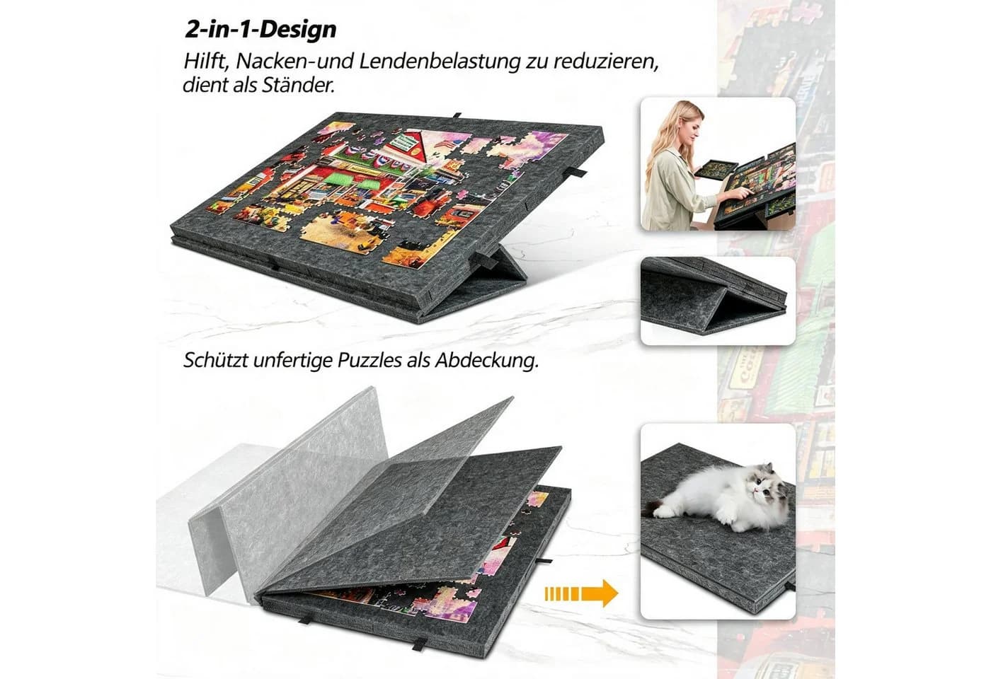 Kityhome Puzzleunterlage 2-in-1 Grau mit 6 Schubladen & Filz