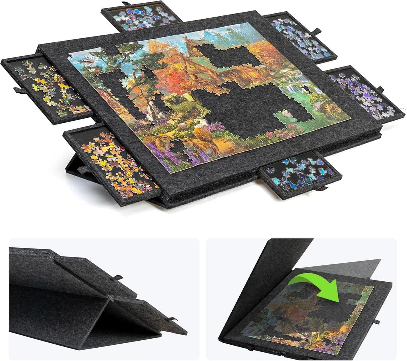 Kityhome Puzzleunterlage 2-in-1 Grau mit 6 Schubladen & Filz - Bild 2
