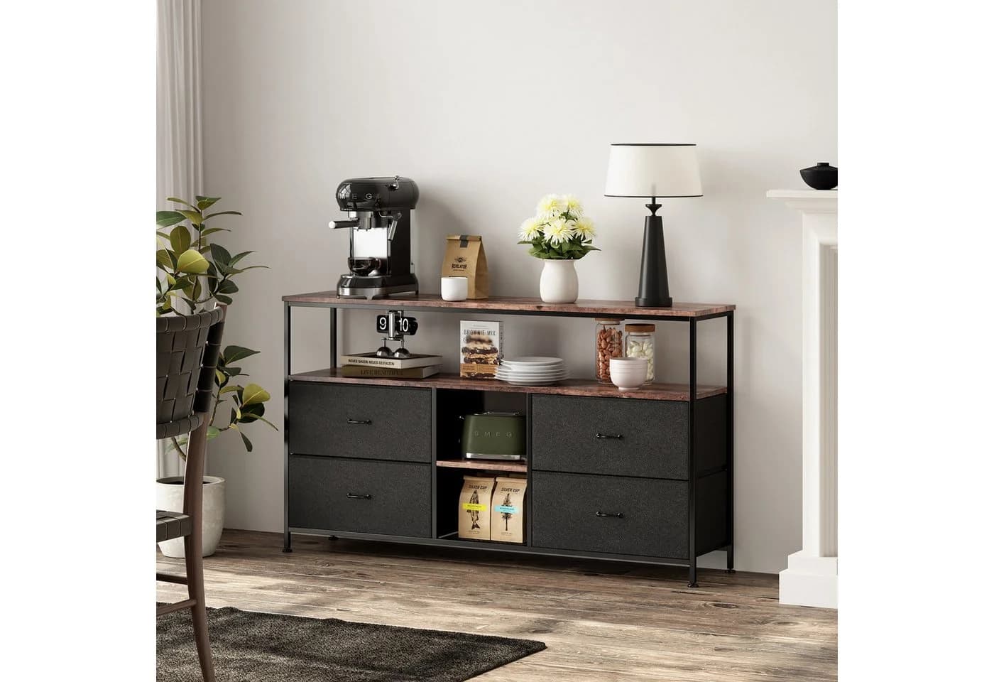Simurq TV-Schrank mit LED, 4 Schubladen & Metallrahmen Industrie-Stil