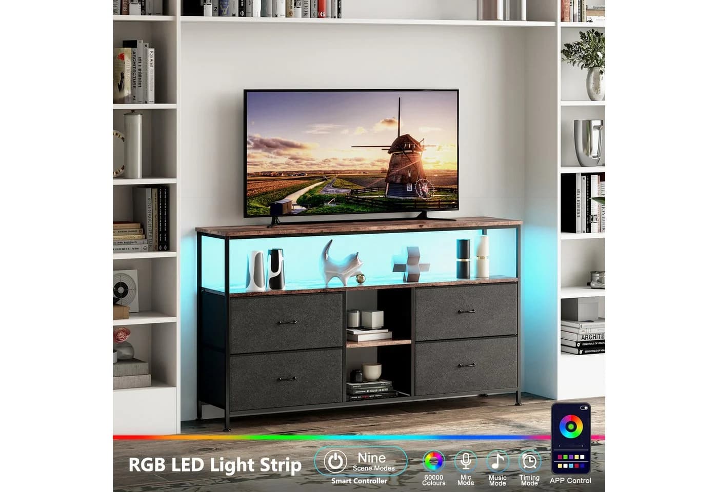 Simurq TV-Schrank mit LED, 4 Schubladen & Metallrahmen Industrie-Stil - Bild 4