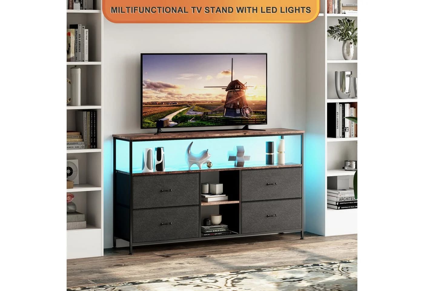 Simurq TV-Schrank mit LED, 4 Schubladen & Metallrahmen Industrie-Stil - Bild 5