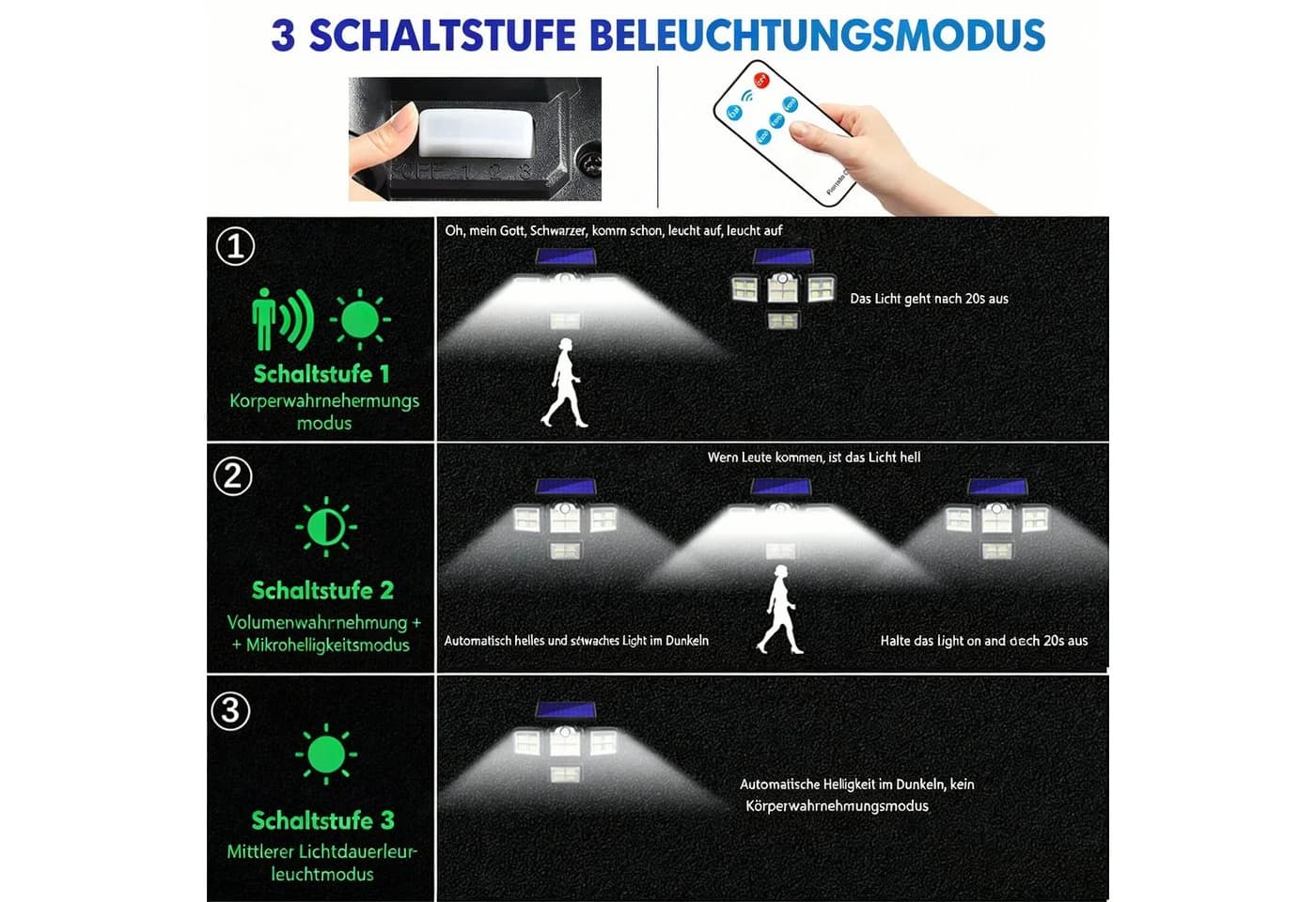 AIBISTAR Solarleuchte 333 LED mit Bewegungssensor IP65 Schwarz - Bild 3
