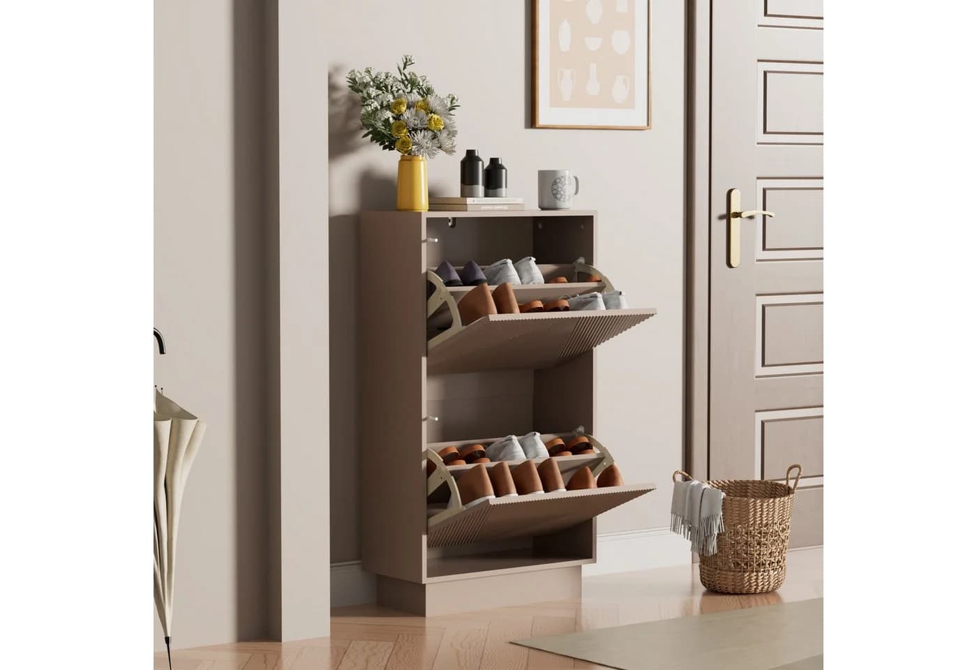 UEV Schuhschrank mit 2/3 Klappen schmal Moka