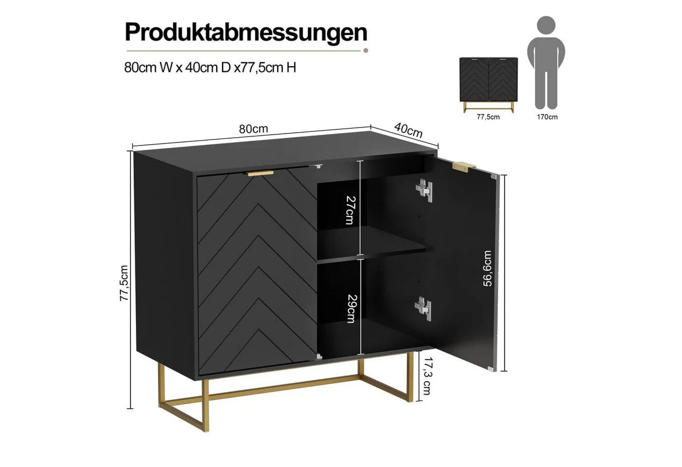 UEV Sideboard Kommode 2 Türen Verstellbare Ablagen Metallfüße - Bild 3