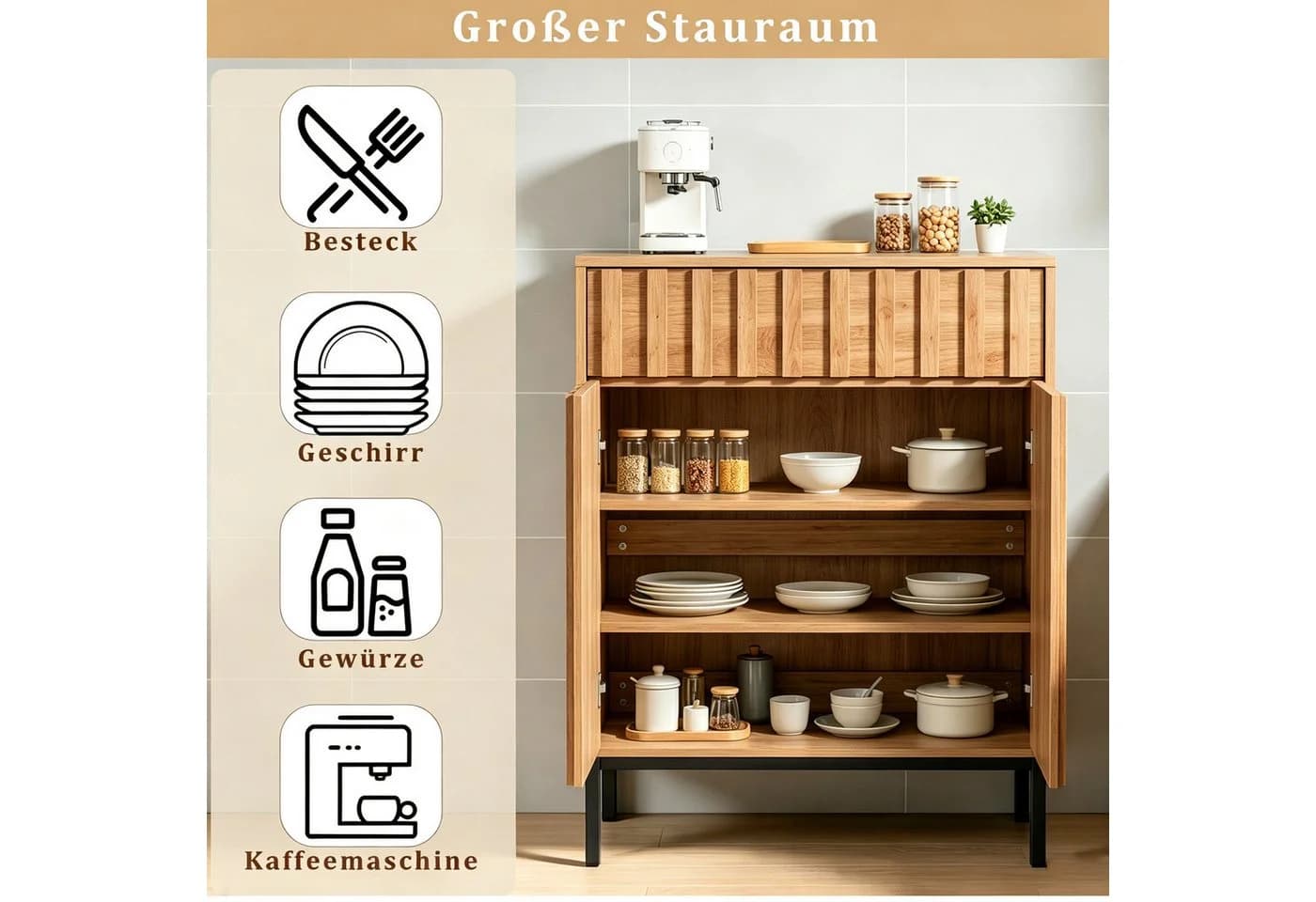 UEV Sideboard Modern Grifflos Schwarz/Natur 70x37x88,5cm - Bild 4