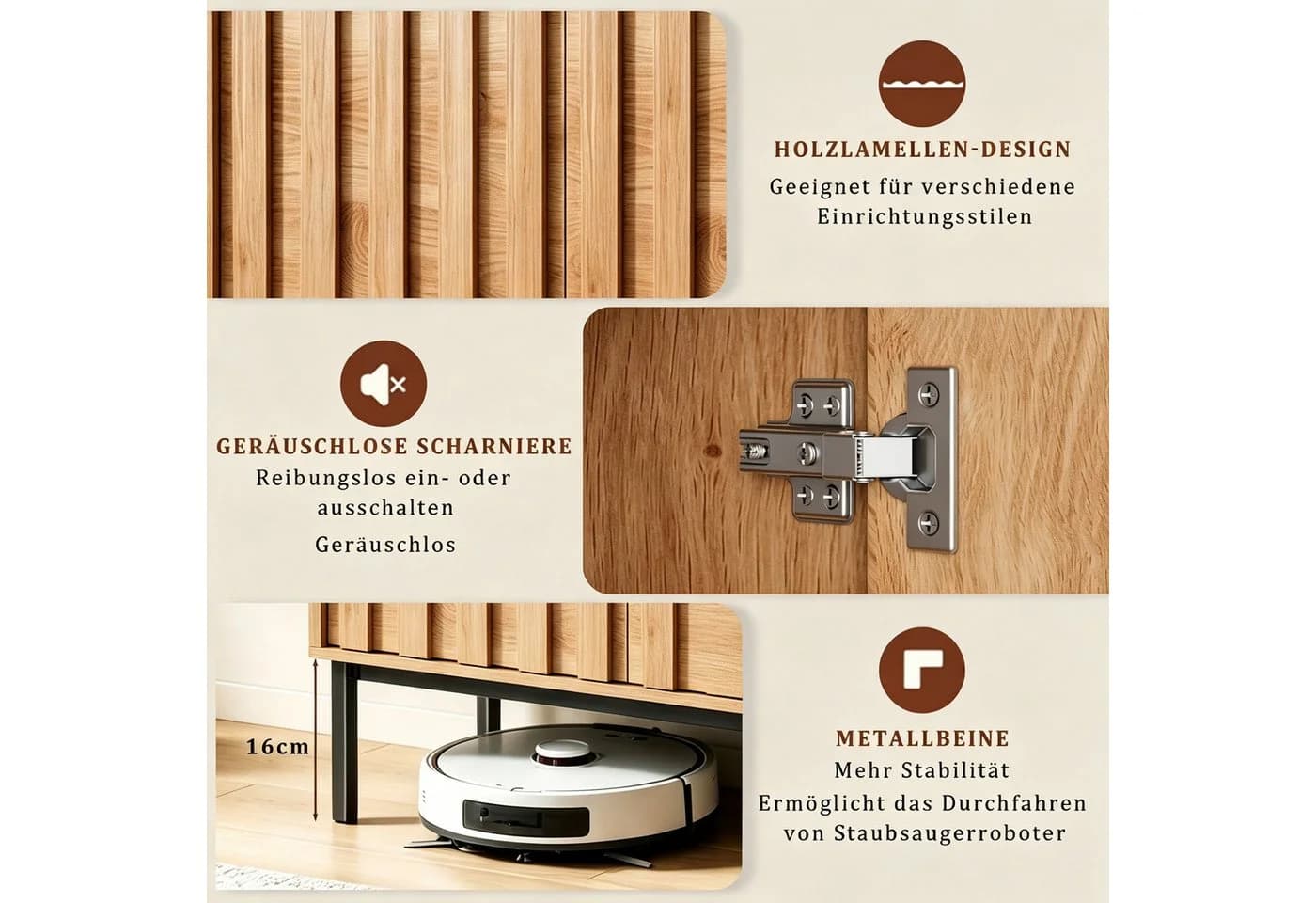 UEV Sideboard Modern Grifflos Schwarz/Natur 70x37x88,5cm - Bild 5