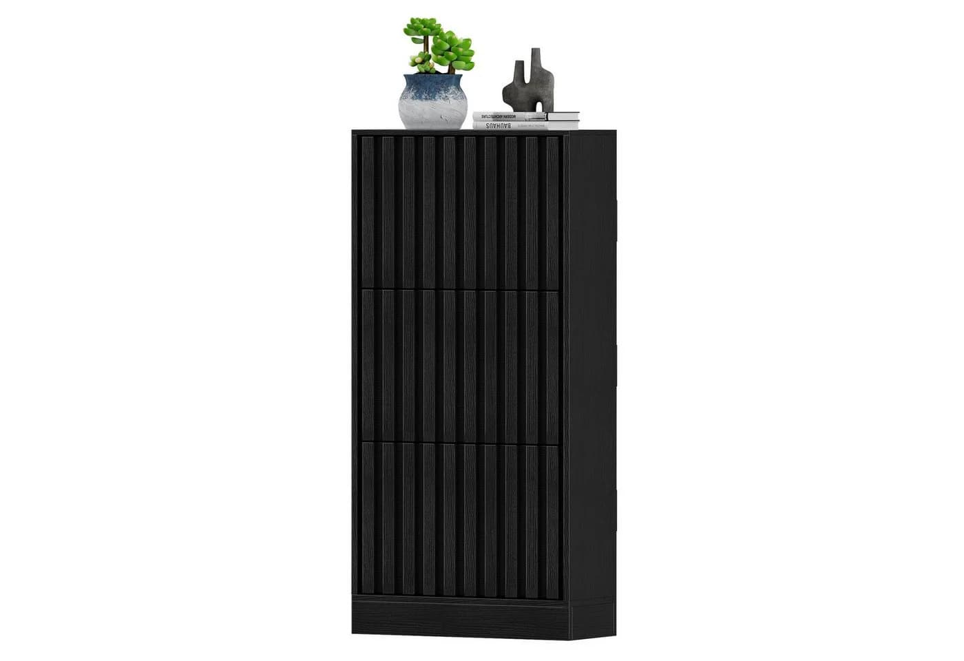 UEV Schuhschrank schmal mit 3 Klappen Holz Schwarz/Natur/Dunkelbraun - Bild 2