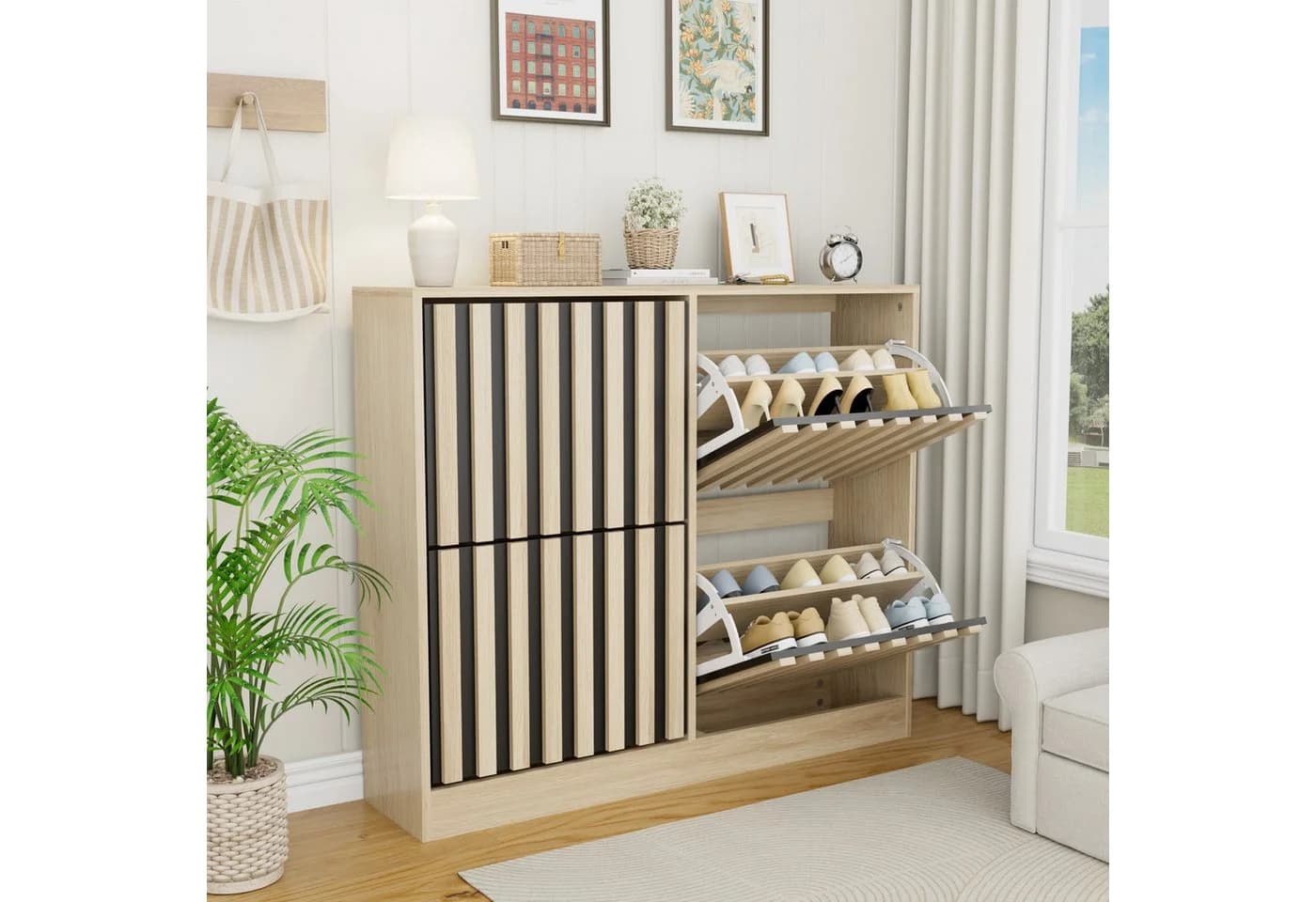 UEV Schuhschrank mit 4 Klappen, Schuhregal Schmal, 102x24x86,5cm, Schwarz
