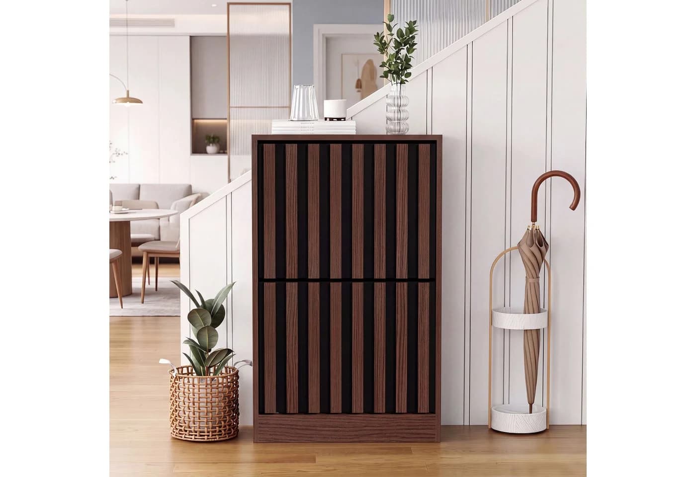 UEV Schuhschrank 2-Klappen Modern Braun/Schwarz Holzoptik