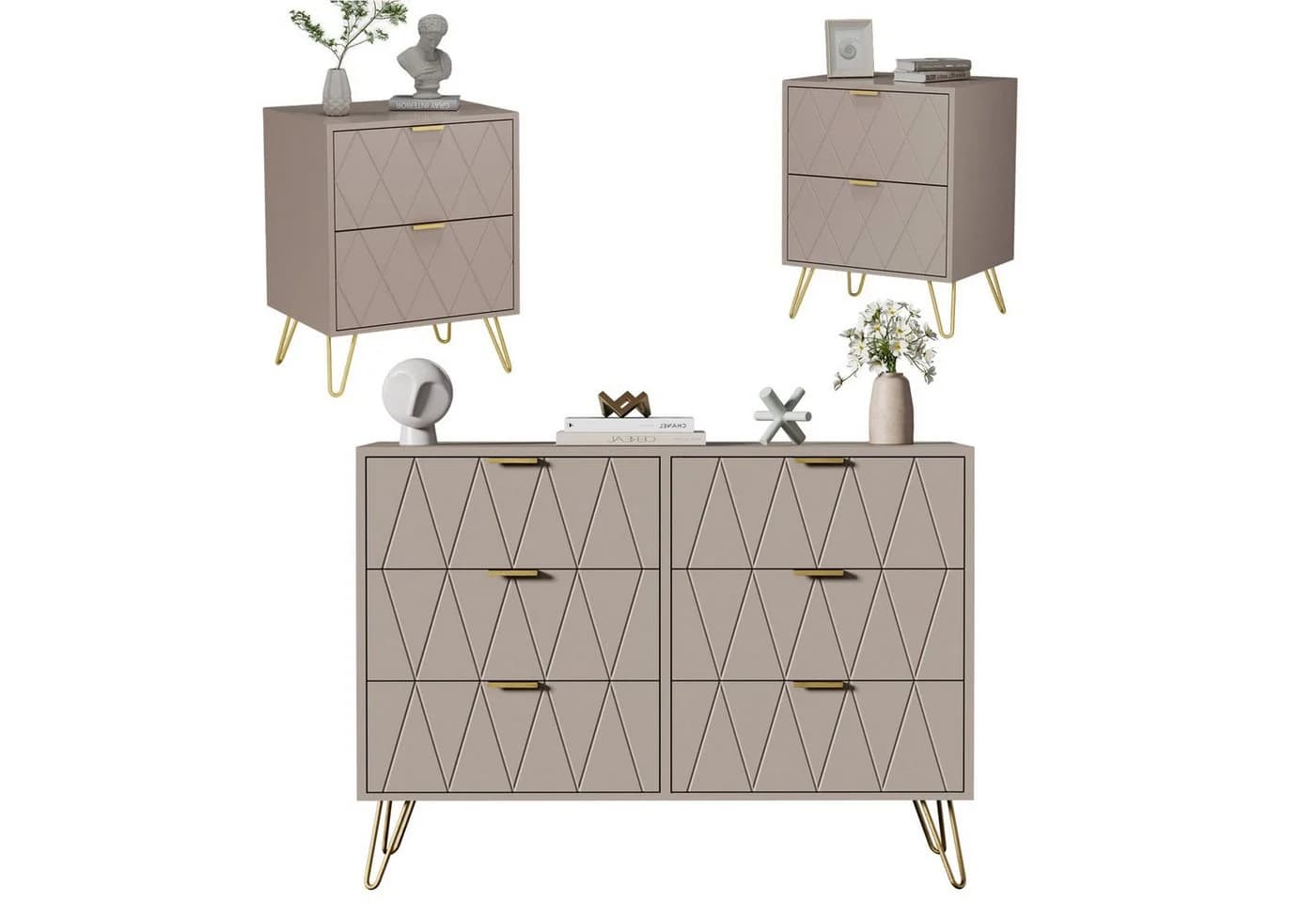 UEV Schlafzimmer-Set 3-teilig Kommode & 2 Nachttische Weiß Schwarz Blau - Bild 2