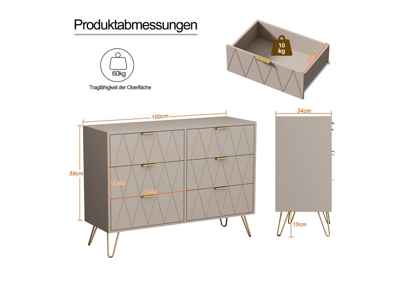 UEV Schlafzimmer-Set 3-teilig Kommode & 2 Nachttische Weiß Schwarz Blau - Bild 5