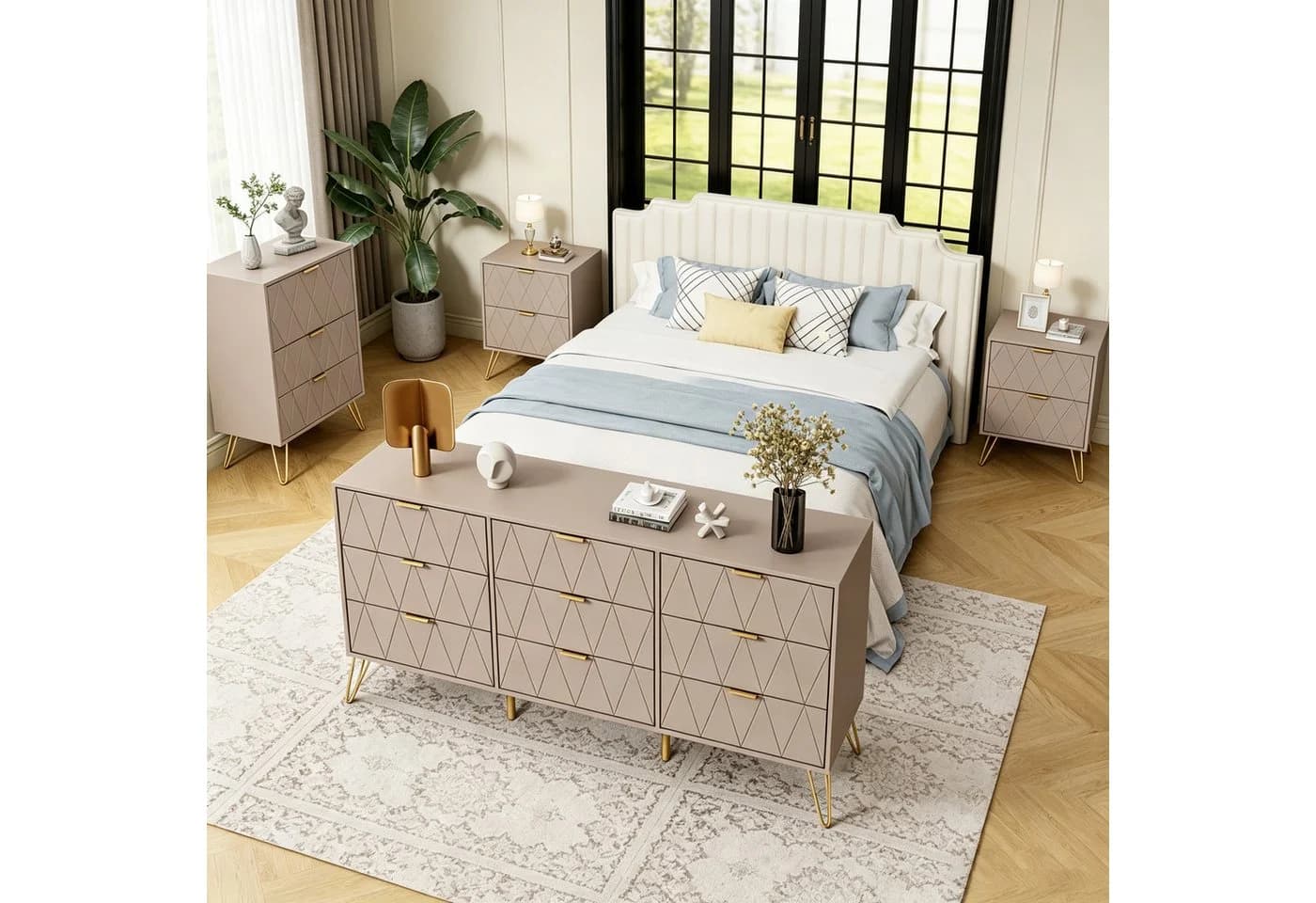 UEV Schlafzimmer-Set 3er-Set Weiß/Schwarz/Blau Skandinavisch