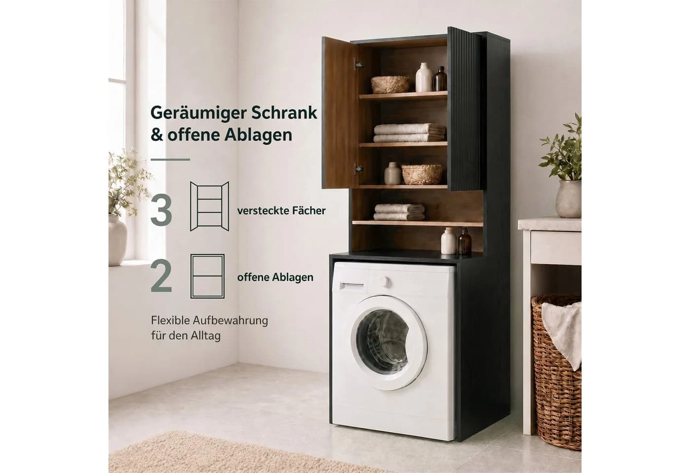 UEV Waschmaschinenschrank Schwarz/Natur mit verstellbaren Ablagen - Bild 4