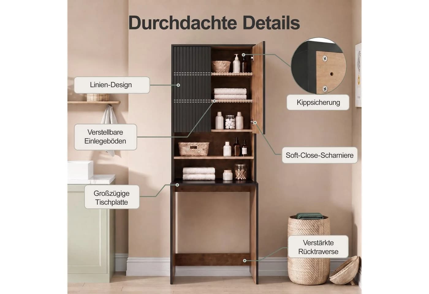 UEV Waschmaschinenschrank Schwarz/Natur mit verstellbaren Ablagen - Bild 5
