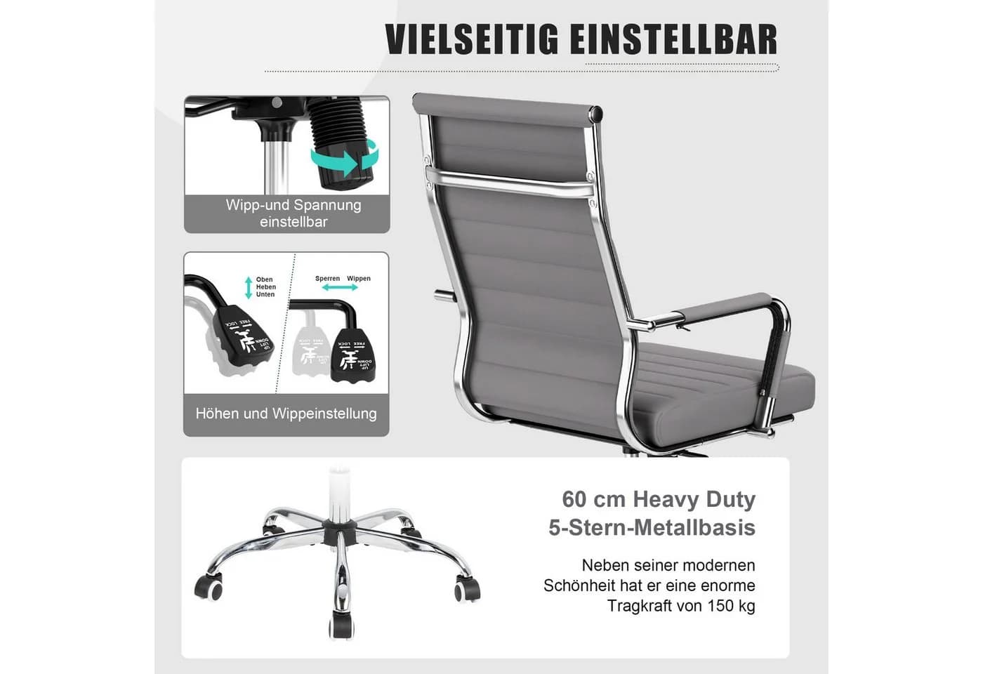 UEV Ergonomischer Bürostuhl Grau Metallrahmen Kunstleder - Bild 4