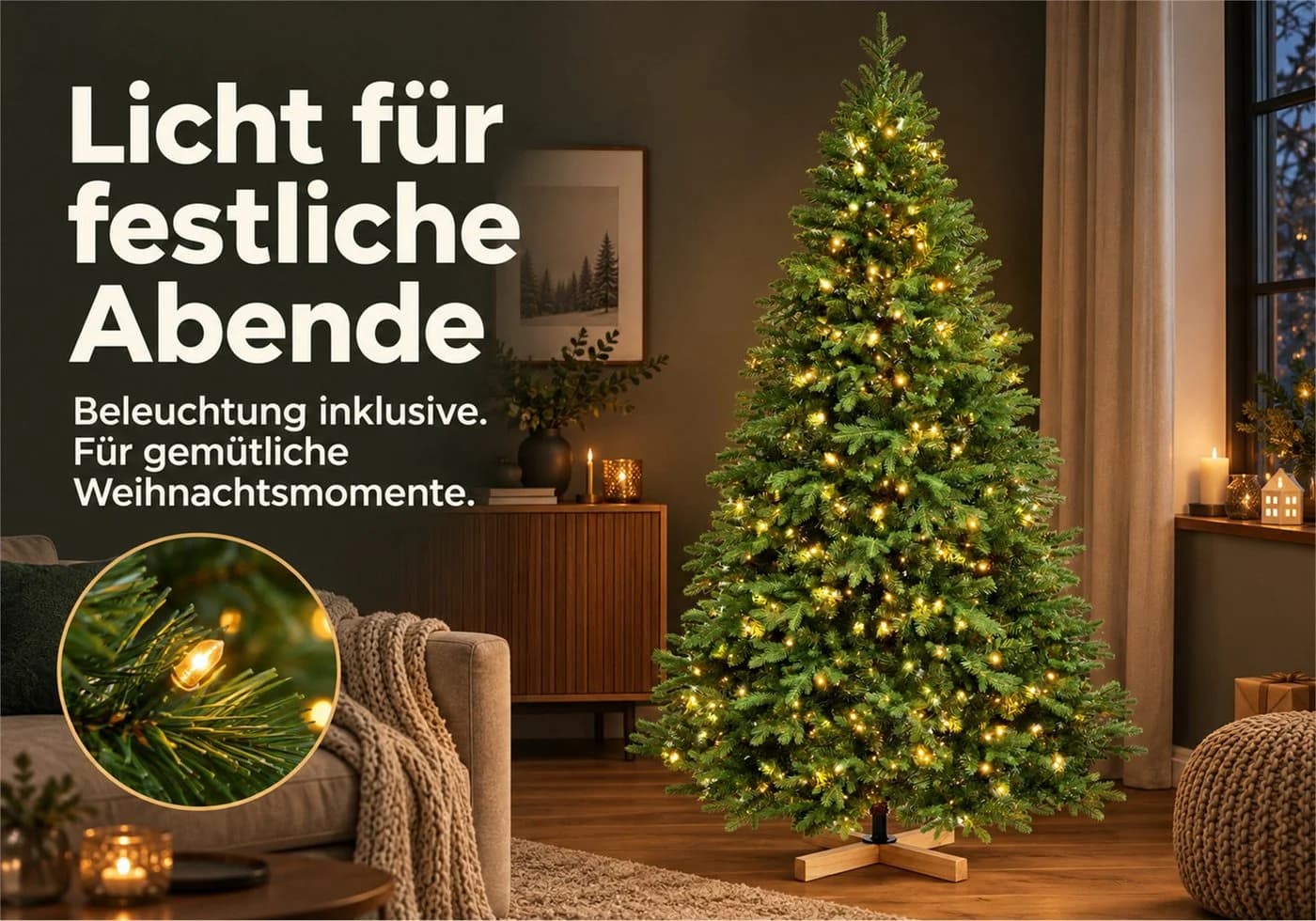 Vankel Künstlicher Weihnachtsbaum mit Schneeoptik – dichter realistischer Tannenbaum mit LED-Lichterkette - Bild 4