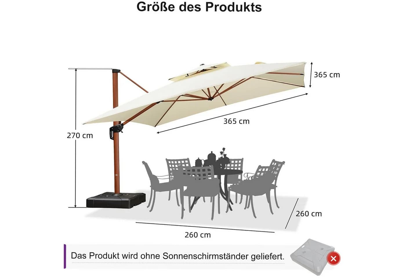 PURPLE LEAF Sonnenschirm Holzoptik Quadratisch Alu UV50+ 360°