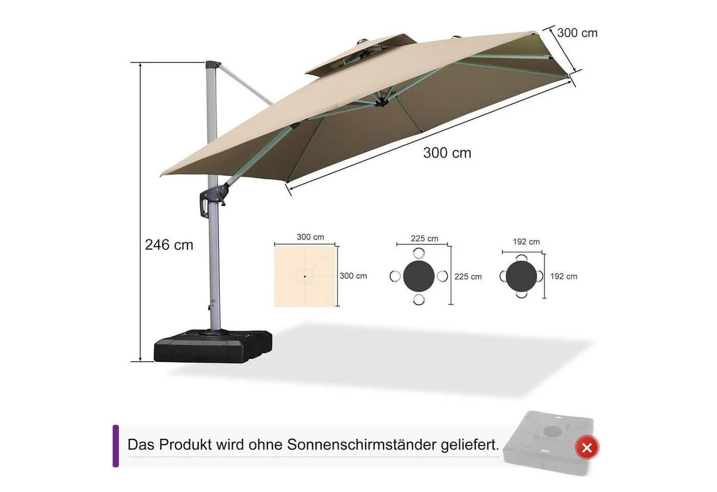 PURPLE LEAF Sonnenschirm Beige Aluminium Ampelschirm 300x300 cm
