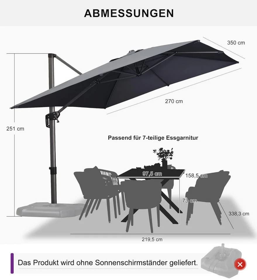 PURPLE LEAF Sonnenschirm Rechteckig Grau UV50+ 360° Drehbar