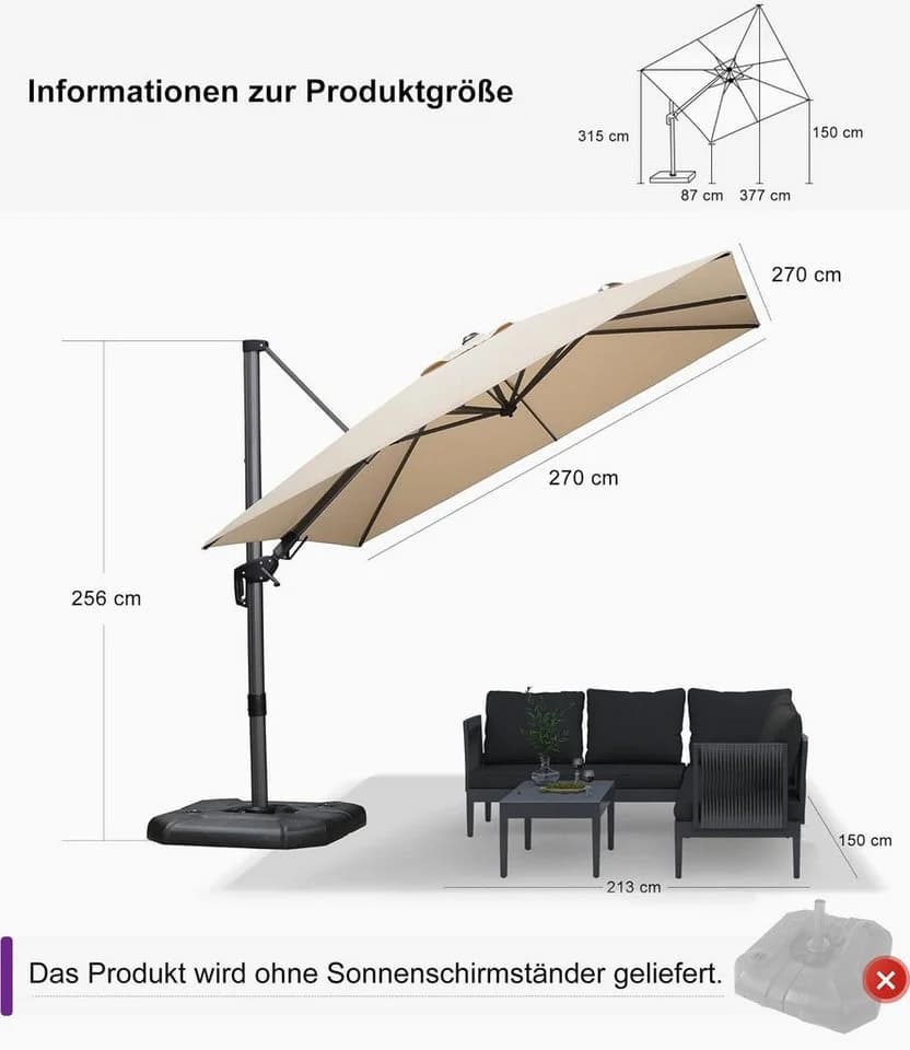 PURPLE LEAF Terrassenschirm Beige 270x270 cm UV50+ Ampelschirm