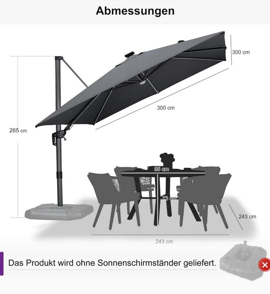 PURPLE LEAF Sonnenschirm Quadrat 300x300 cm Hellgrau LED
