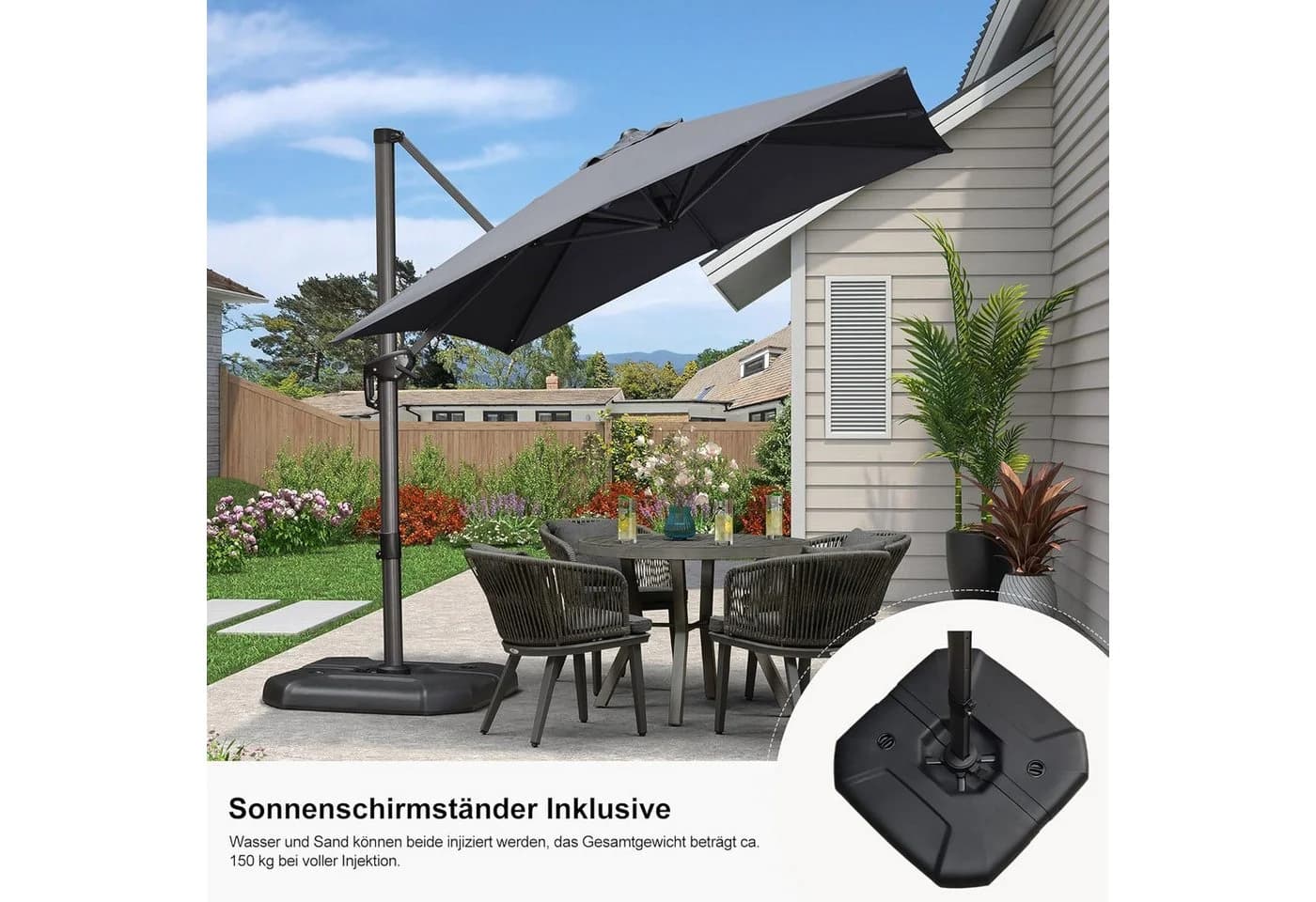 PURPLE LEAF Sonnenschirm Grau 300x300 cm 360° drehbar - Bild 1