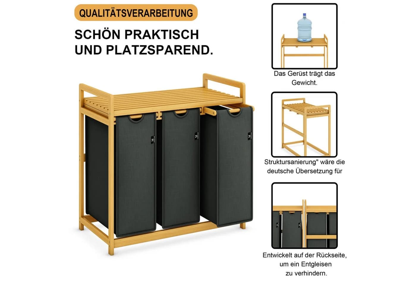 AdelDream Wäschekorb 3 Fächer Bambusrahmen Grau 150 Liter - Bild 3