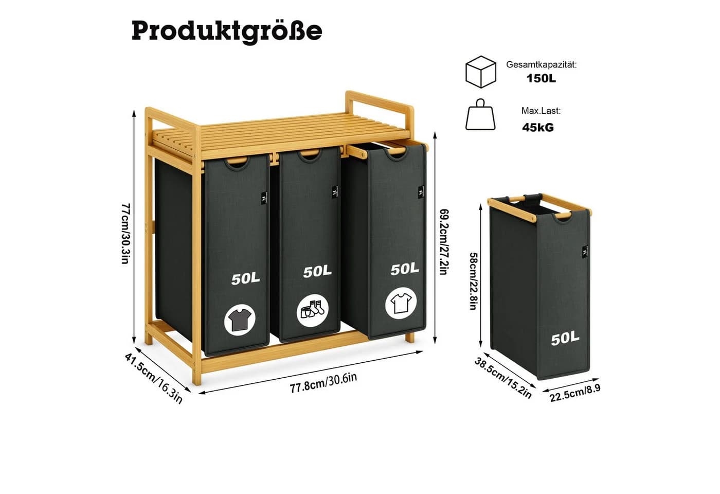 AdelDream Wäschekorb 3 Fächer Bambusrahmen Grau 150 Liter - Bild 4