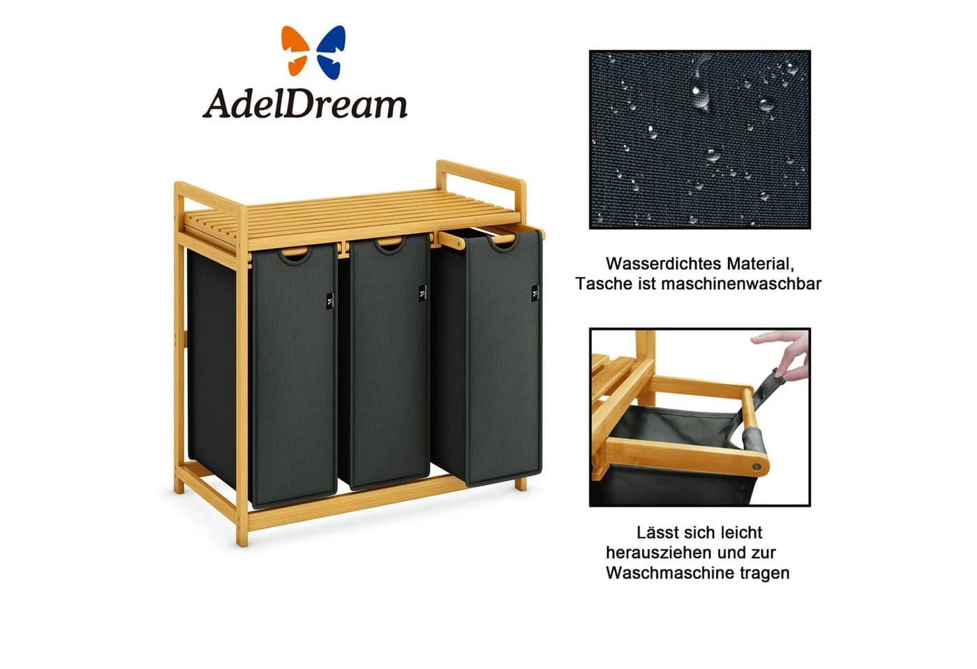 AdelDream Wäschekorb 3 Fächer Bambusrahmen Grau 150 Liter - Bild 5