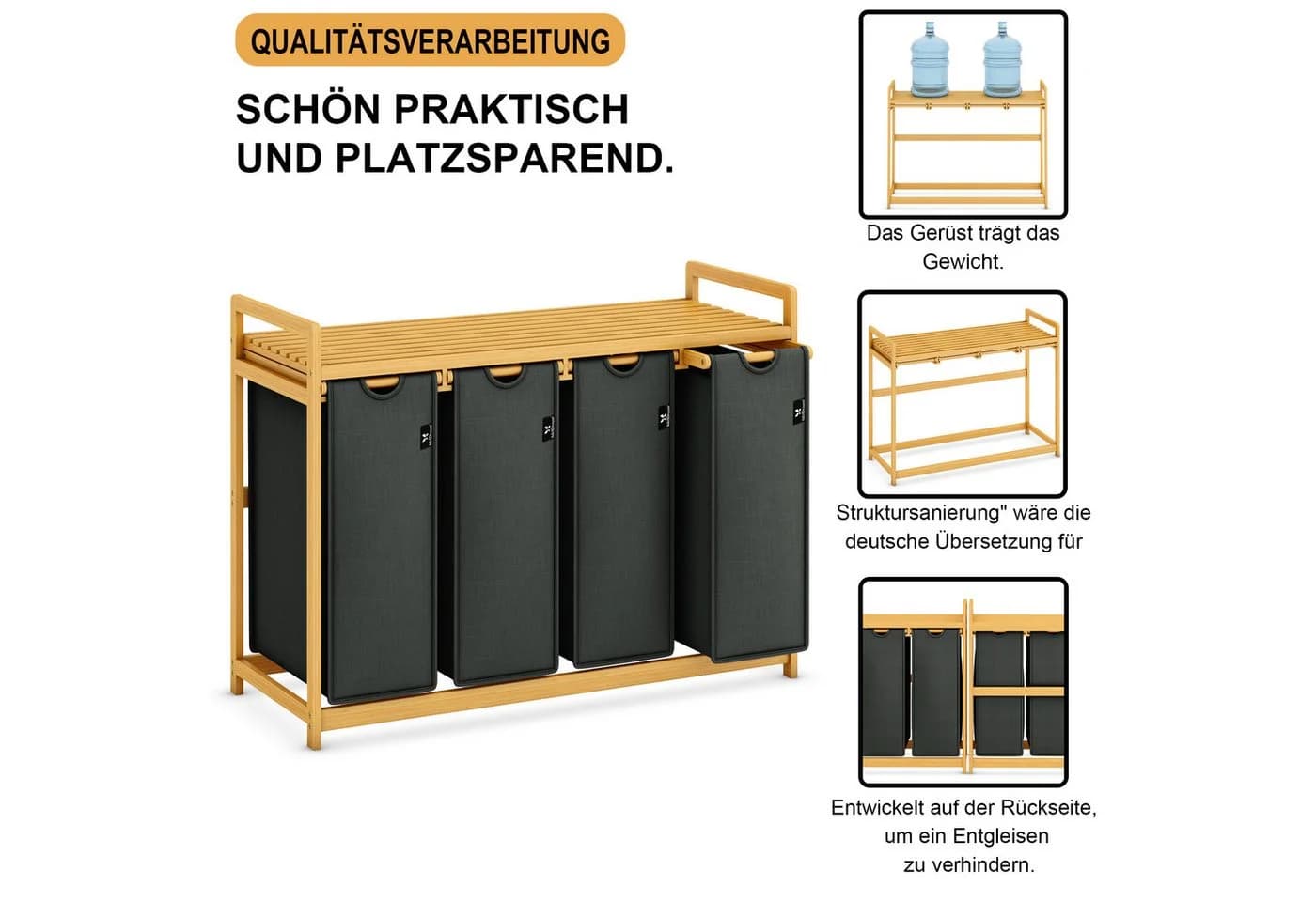 AdelDream Wäschekorb mit Bambusrahmen Grau 4 Fächer Wäschesortierer - Bild 3