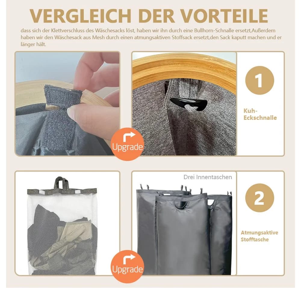 WAOHO Wäschekorb Zusammenklappbar Grau 3 Fächer 160L - Bild 4