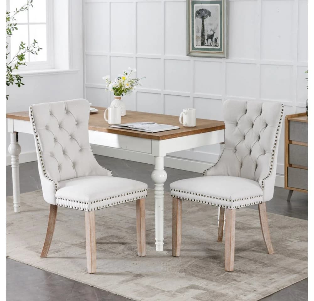 BBWL Polsterstuhl 2er Set Beige Leinenoptik Massivholz - Bild 2