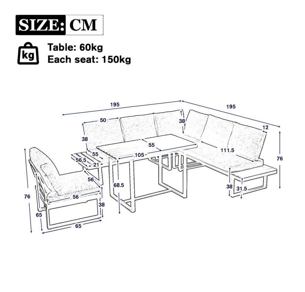BBWL Gartenlounge-Set mit Esstisch Grau/Blau verstellbar - Bild 4