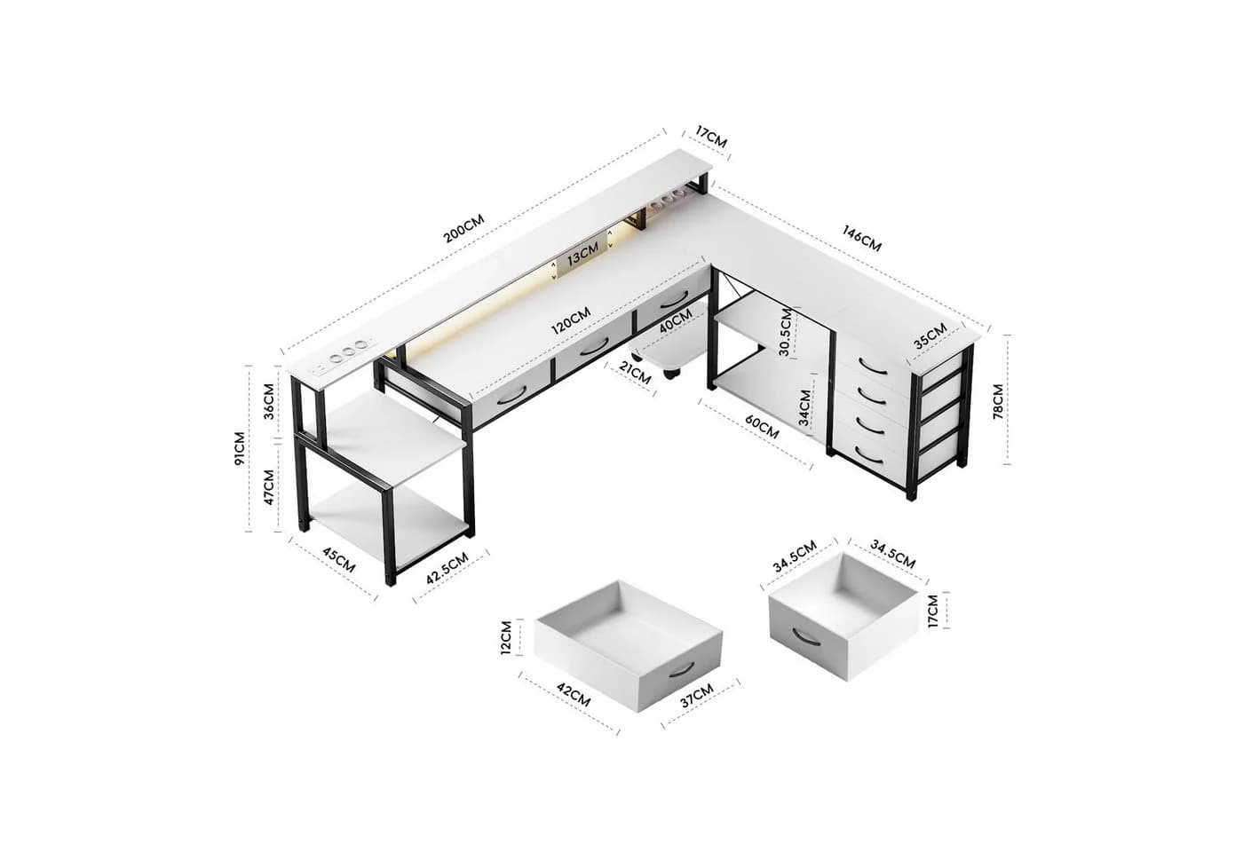 BBWL Computertisch mit 7 Schubladen, RGB-LED & Steckdosen Weiß - Bild 4