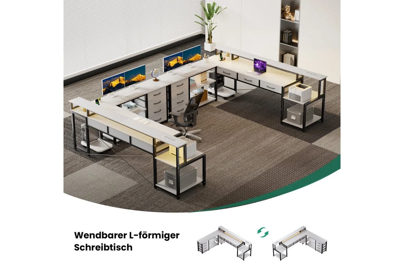 BBWL Computertisch mit 7 Schubladen, RGB-LED & Steckdosen Weiß - Bild 5